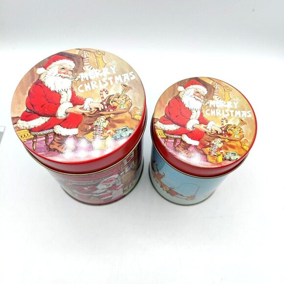 Vintage Nesting Christmas Canister Set of 2 Santa Tree Tins Metal Hong Kong - Picture 3 of 12